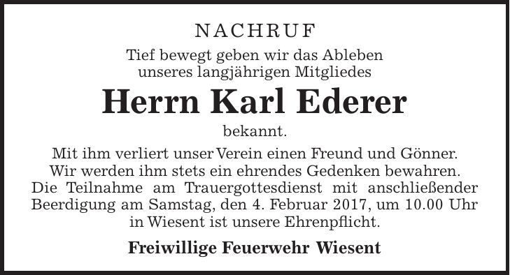 Traueranzeige Karl Ederer