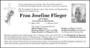 Traueranzeige Josefine Flieger