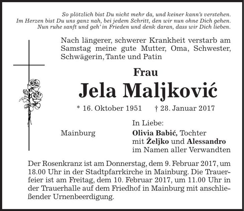 Traueranzeige Jela Maljkovic