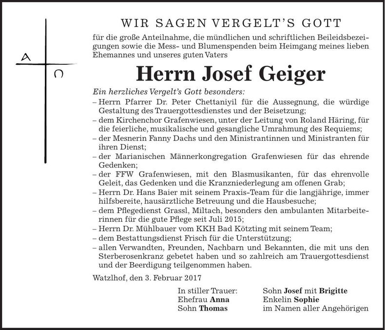 Traueranzeige Josef Geiger