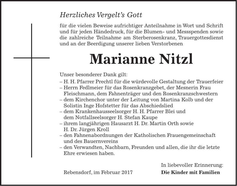 Traueranzeige Marianne Nitzl