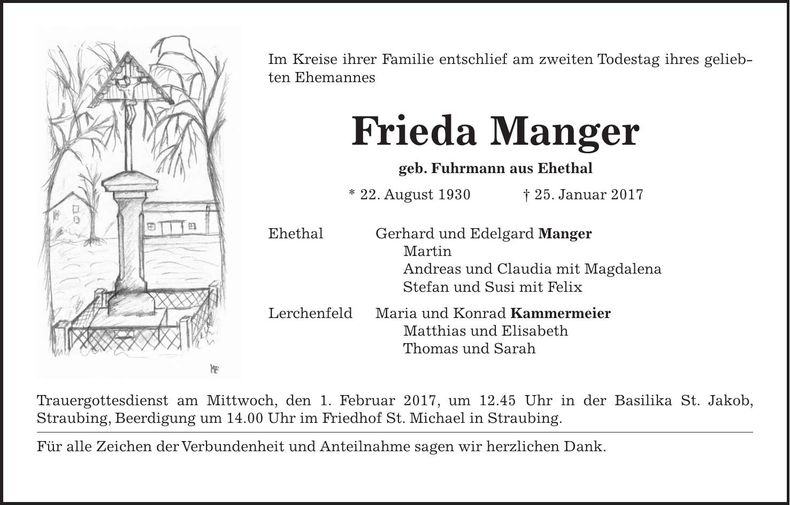 Traueranzeige Frieda Manger