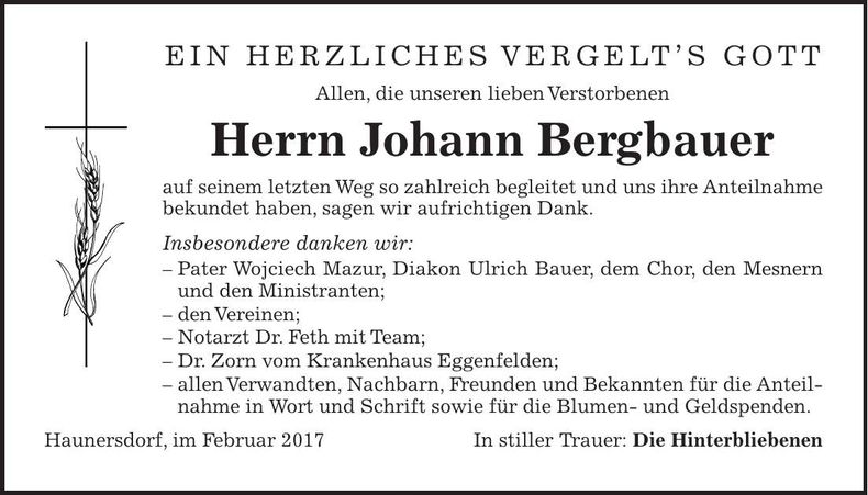 Traueranzeige Johann Bergbauer
