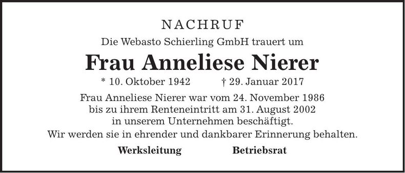 Traueranzeige Anneliese Nierer