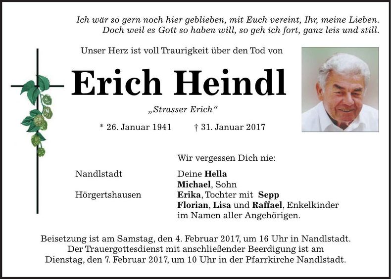 Traueranzeige Erich Heindl