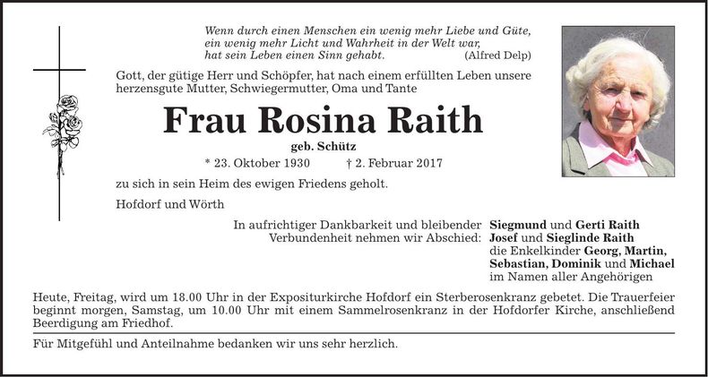 Traueranzeige Rosina Raith