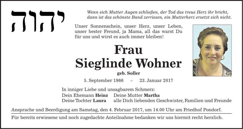 Traueranzeige Sieglinde Wohner