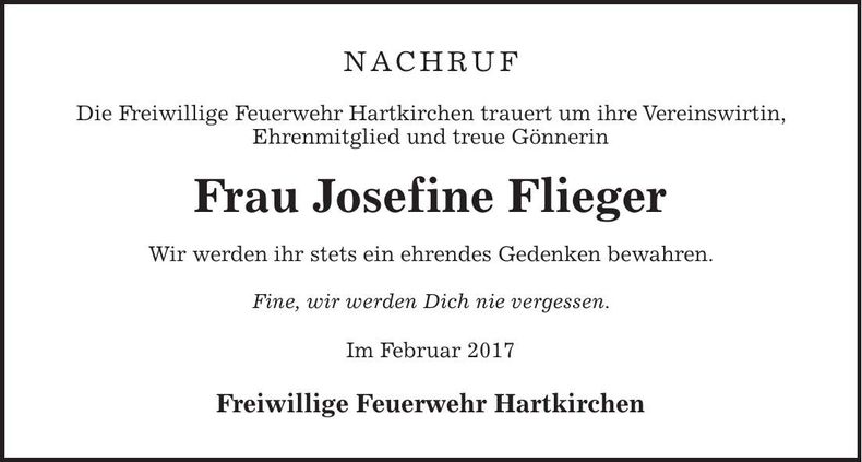Traueranzeige Josefine Flieger