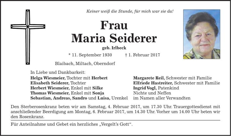 Traueranzeige Maria Seiderer