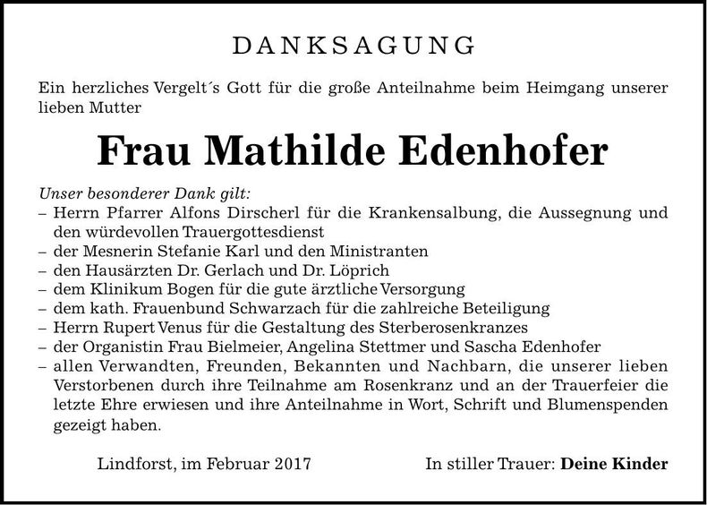 Traueranzeige Mathilde Edenhofer