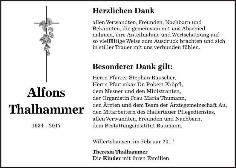 Traueranzeige Alfons Thalhammer