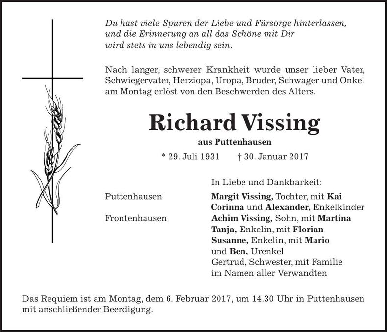 Traueranzeige Richard Vissing