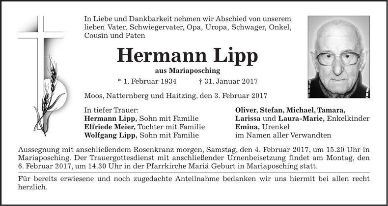 Traueranzeige Hermann Lipp