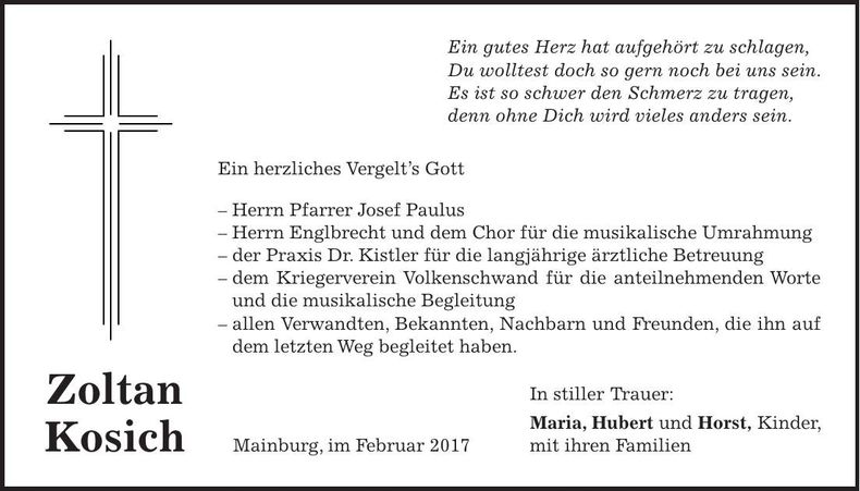Traueranzeige Zoltan Kosich