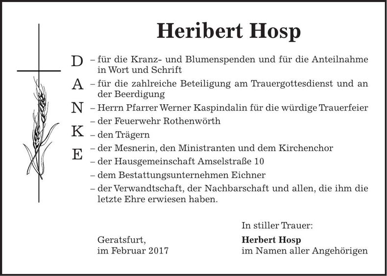 Traueranzeige Heribert Hosp