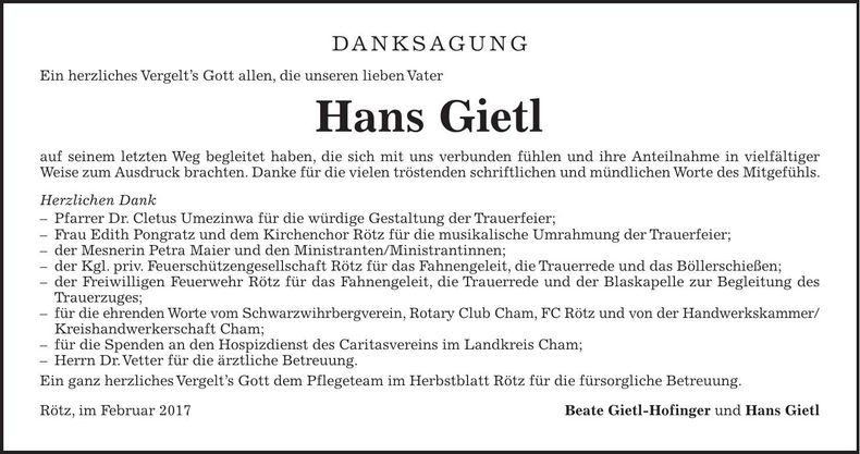 Traueranzeige Hans Gietl