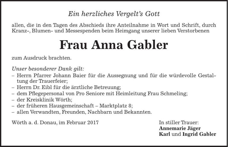Traueranzeige Anna Gabler