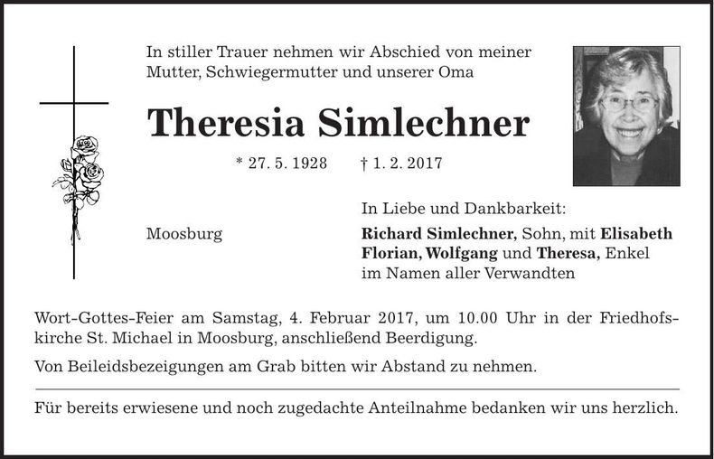 Traueranzeige Theresia Simlechner