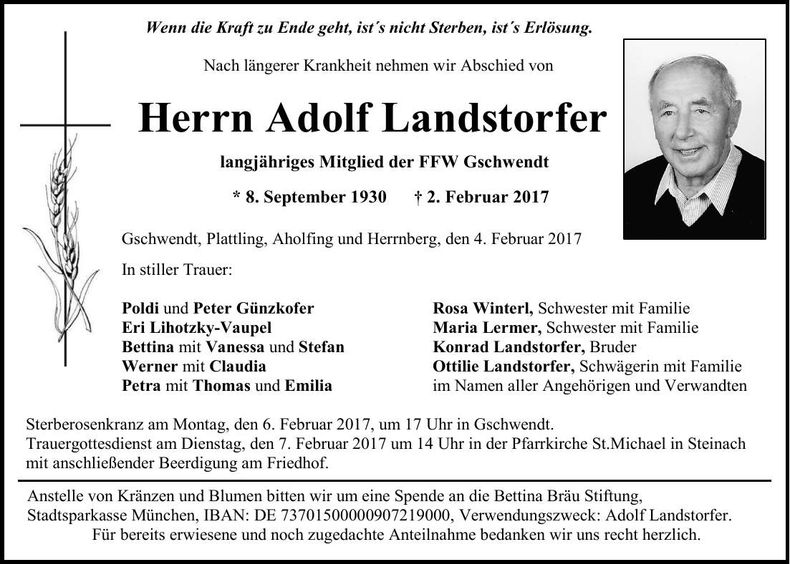 Traueranzeige Adolf Landstorfer