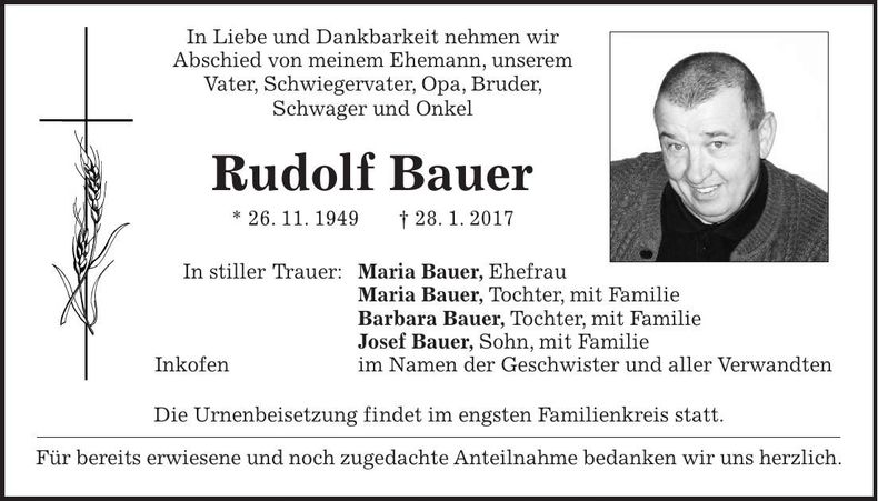Traueranzeige Rudolf Bauer