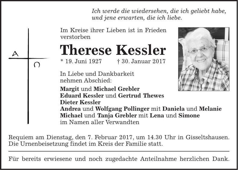Traueranzeige Therese Kessler