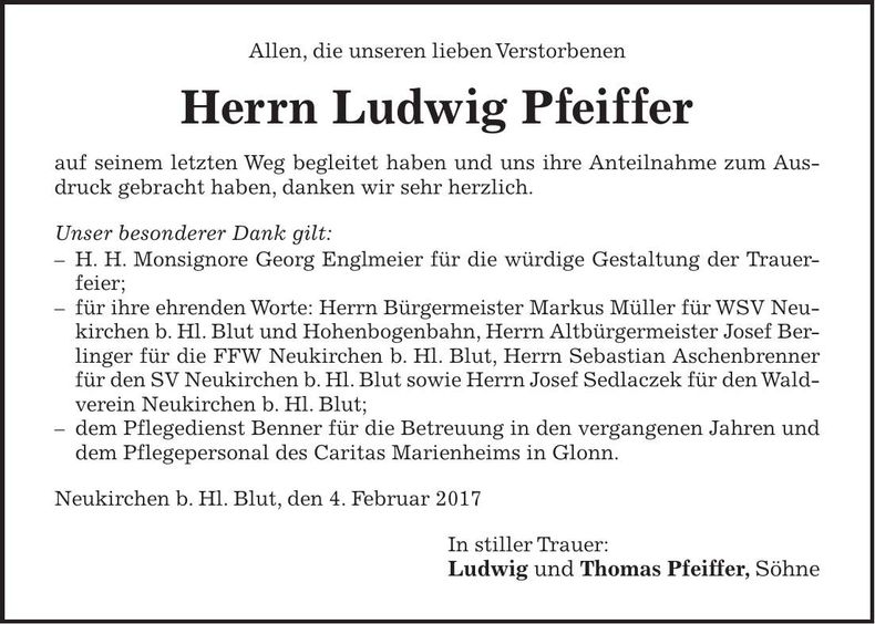Traueranzeige Ludwig Pfeiffer