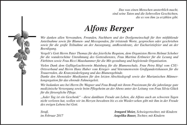 Traueranzeige Alfons Berger