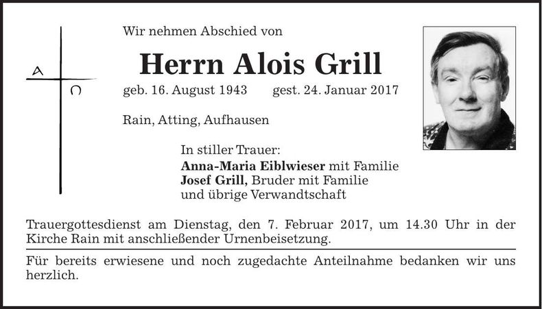 Traueranzeige Alois Grill