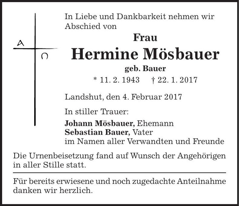 Traueranzeige Hermine Mösbauer