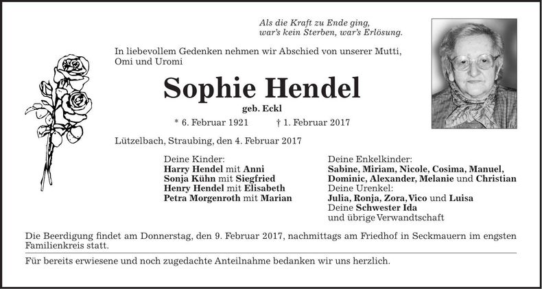 Traueranzeige Sophie Hendel