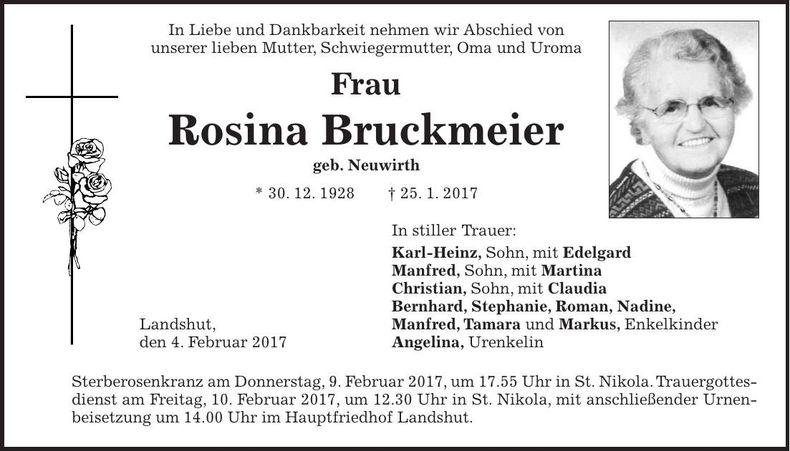 Traueranzeige Rosina Bruckmeier