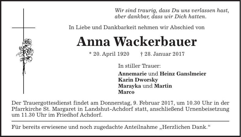 Traueranzeige Anna Wackerbauer