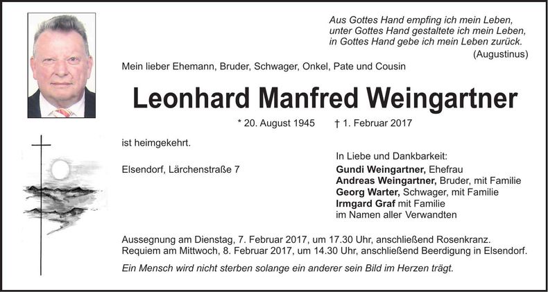 Traueranzeige Leonhard Manfred Weingartner