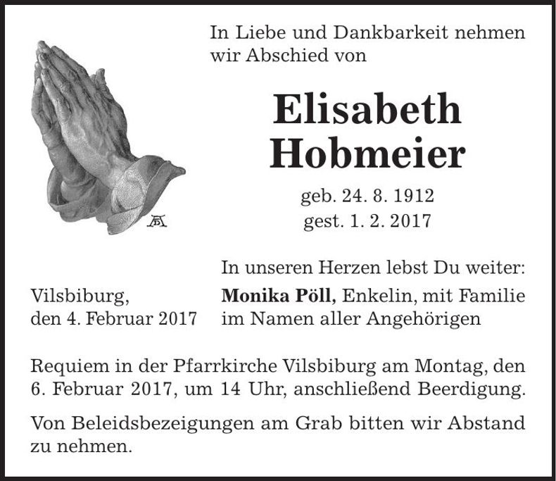 Traueranzeige Elisabeth Hobmeier