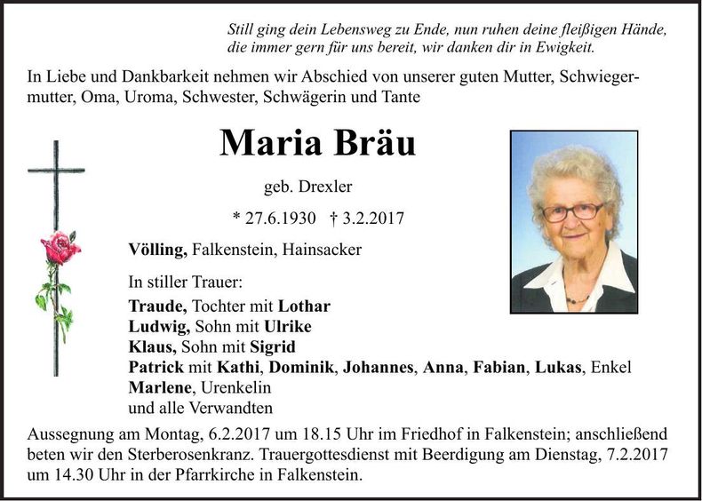 Traueranzeige Maria Bräu