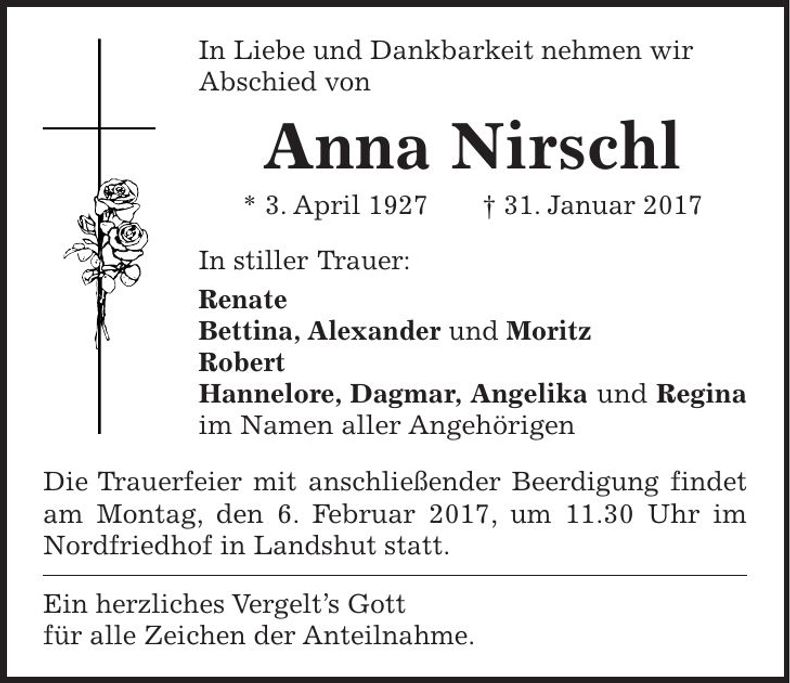 Traueranzeige Anna Nirschl