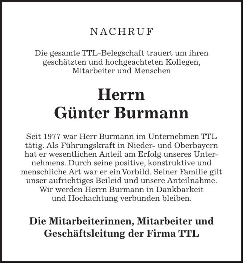 Traueranzeige Günter Burmann