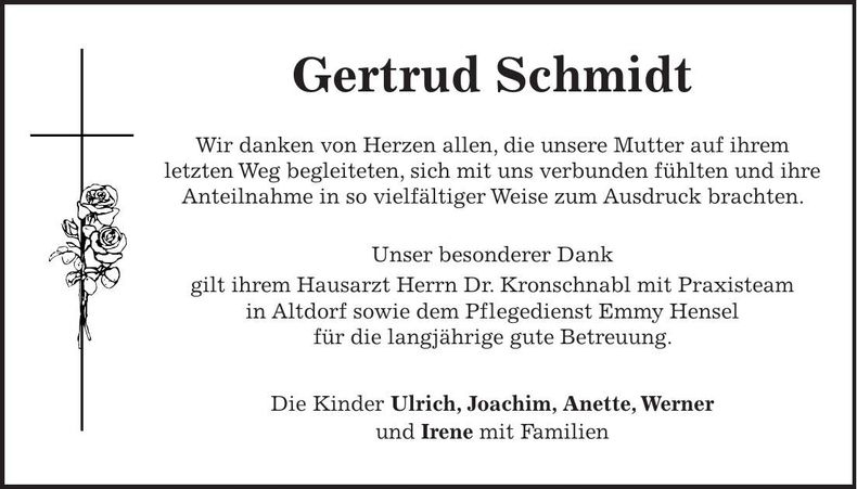 Traueranzeige Gertrud Schmidt