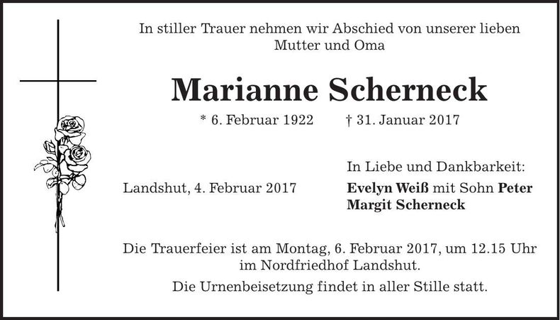 Traueranzeige Marianne Scherneck