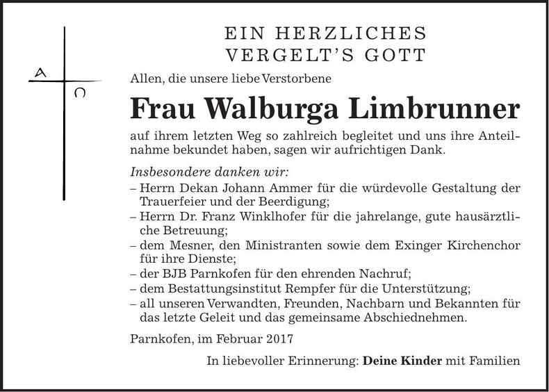 Traueranzeige Walburga Limbrunner
