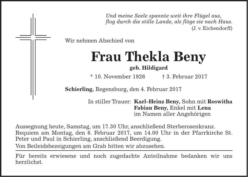 Traueranzeige Thekla Beny