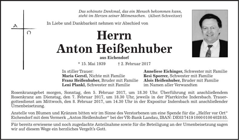 Traueranzeige Anton Heißenhuber