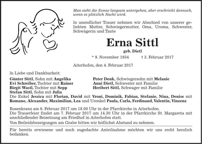 Traueranzeige Erna Sittl