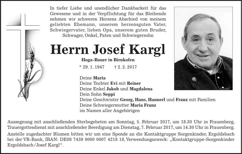 Traueranzeige Josef Kargl