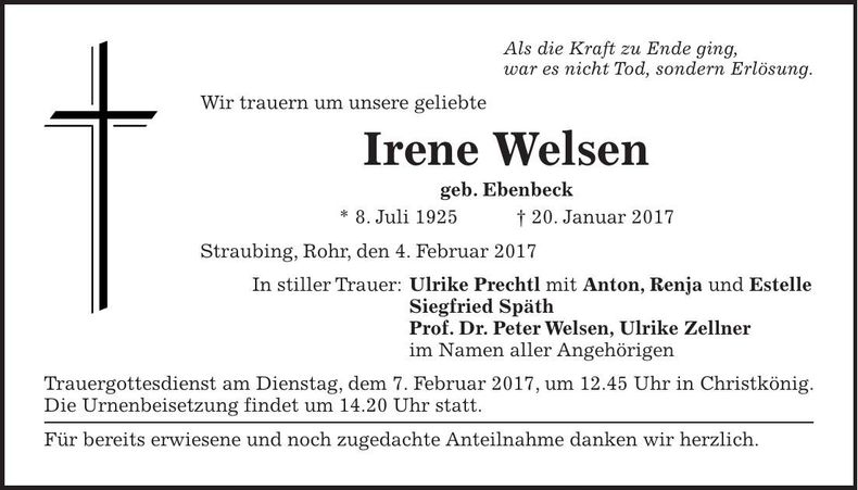 Traueranzeige Irene Welsen