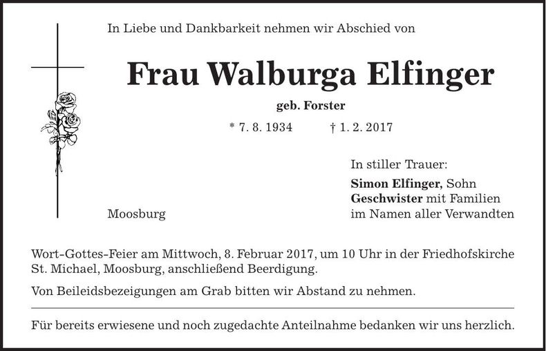 Traueranzeige Walburga Elfinger