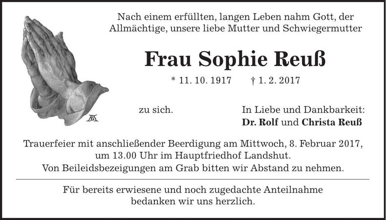 Traueranzeige Sophie Reuß