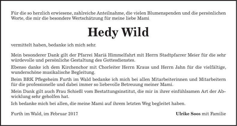 Traueranzeige Hedy Wild