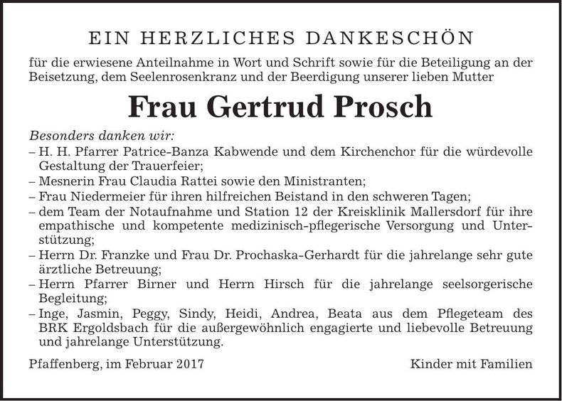 Traueranzeige Gertrud Prosch