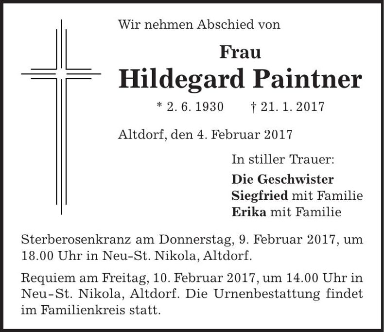Traueranzeige Hildegard Paintner